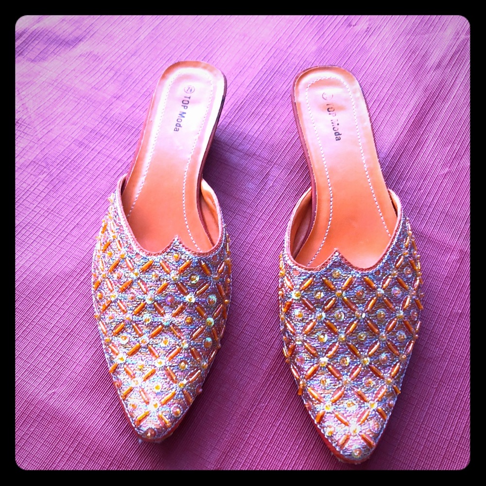 Top Moda slip on kitten heel shoes 7.5 orange